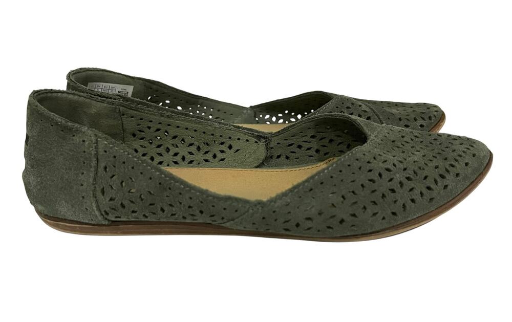 Toms Jutti Suede Laser Cut Flats Womens 8 Green Slip On Casual Comfort